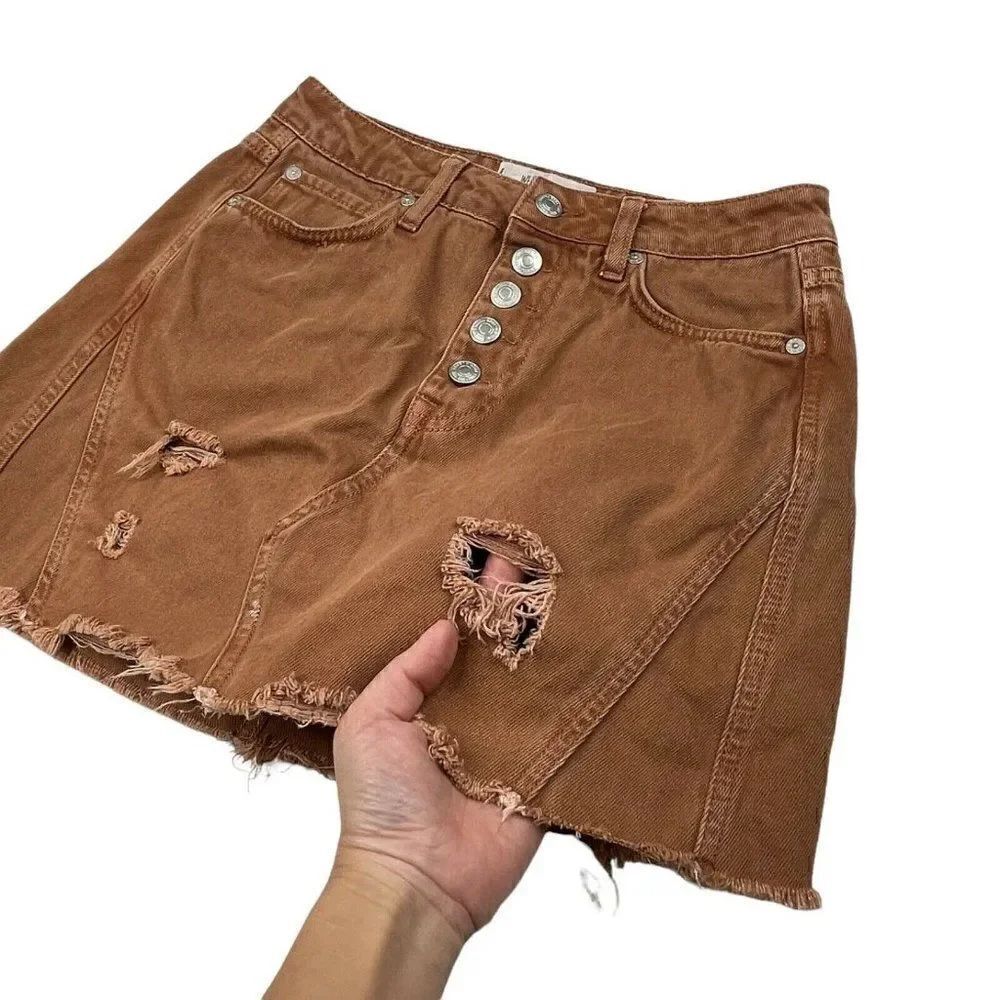 We The Free People Button Fly Distress Mini Skirt Brown Rust - Picture 9 of 10